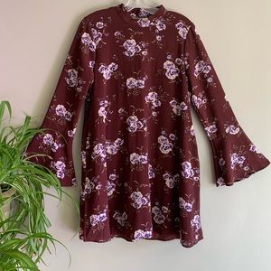 Boho Burgundy Floral Bell Sleeve Mini Dress Large